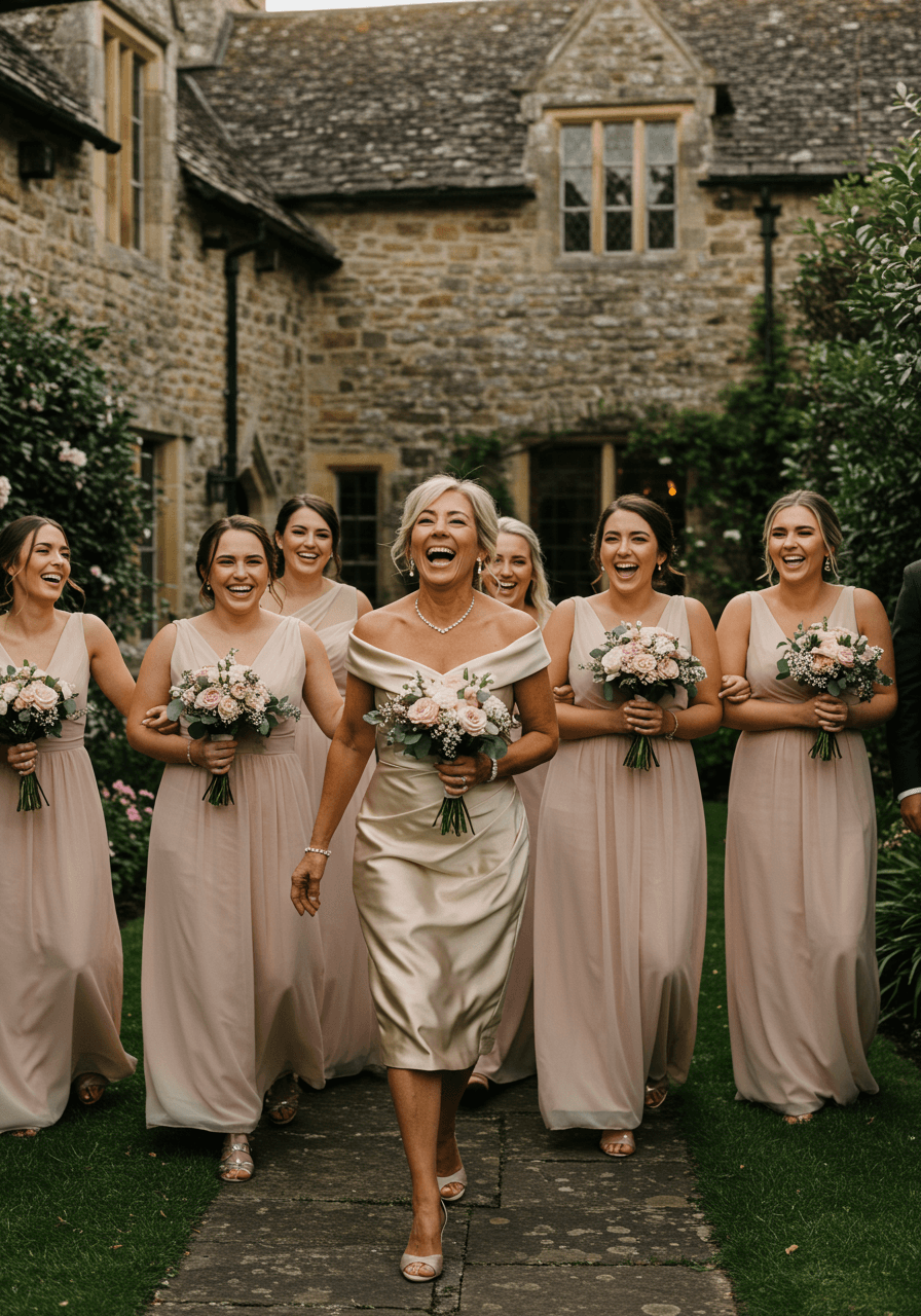 Mother of the bride in champagne off-shoulder midi dress walking with bridal party through garden