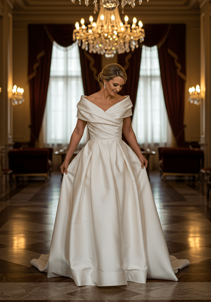 Mother of the bride in sculptural mikado gown with geometric draping standing in elegant ballroom