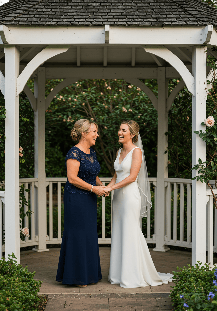Mother and bride sharing intimate laugh in garden gazebo, mother wearing navy A-line dress