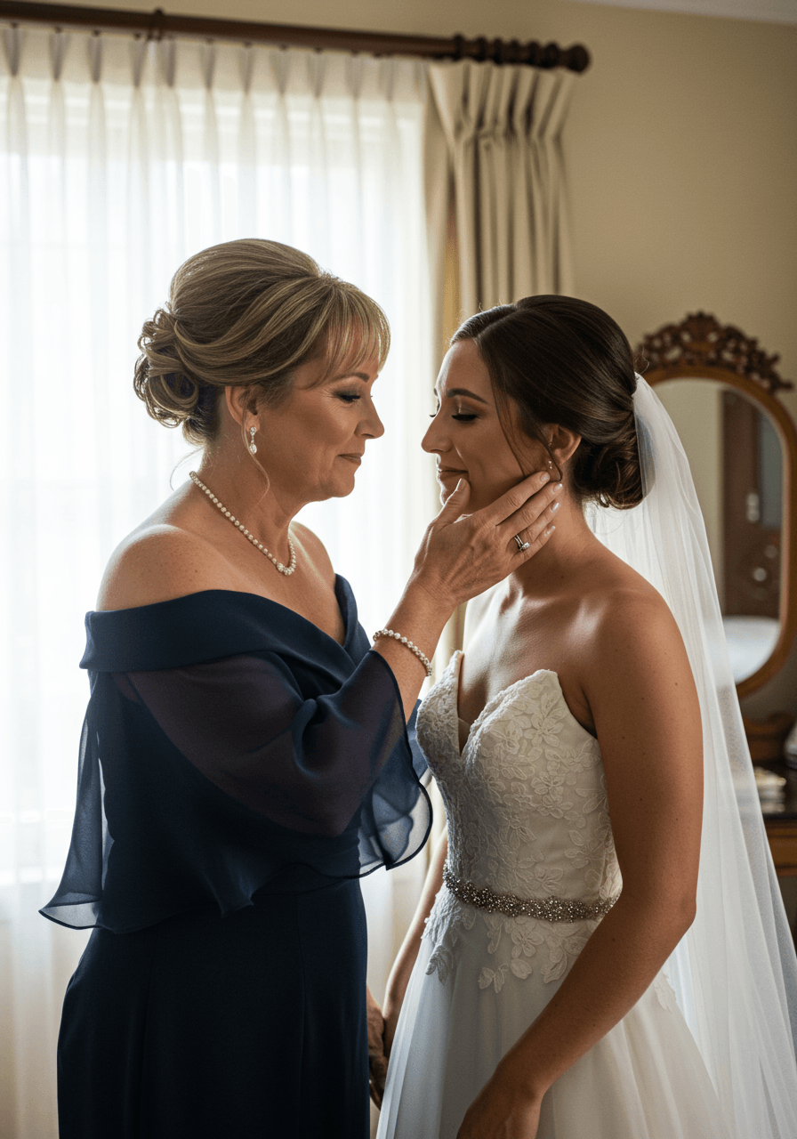 Close-up of mother in navy off-shoulder dress sharing gentle touch with bride in elegant suite