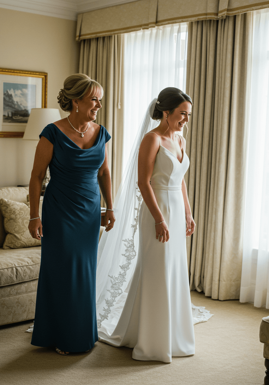 Full view of mother in midnight blue satin dress in luxurious bridal suite with natural lighting