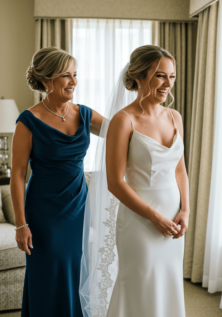 Mother and bride sharing tender laugh while adjusting veil, mother in midnight blue satin column dress