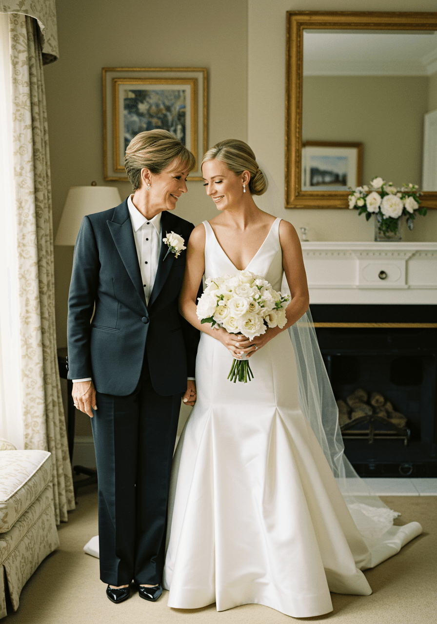 Mother of the bride in sleek black tuxedo dress sharing intimate moment with bride in elegant suite