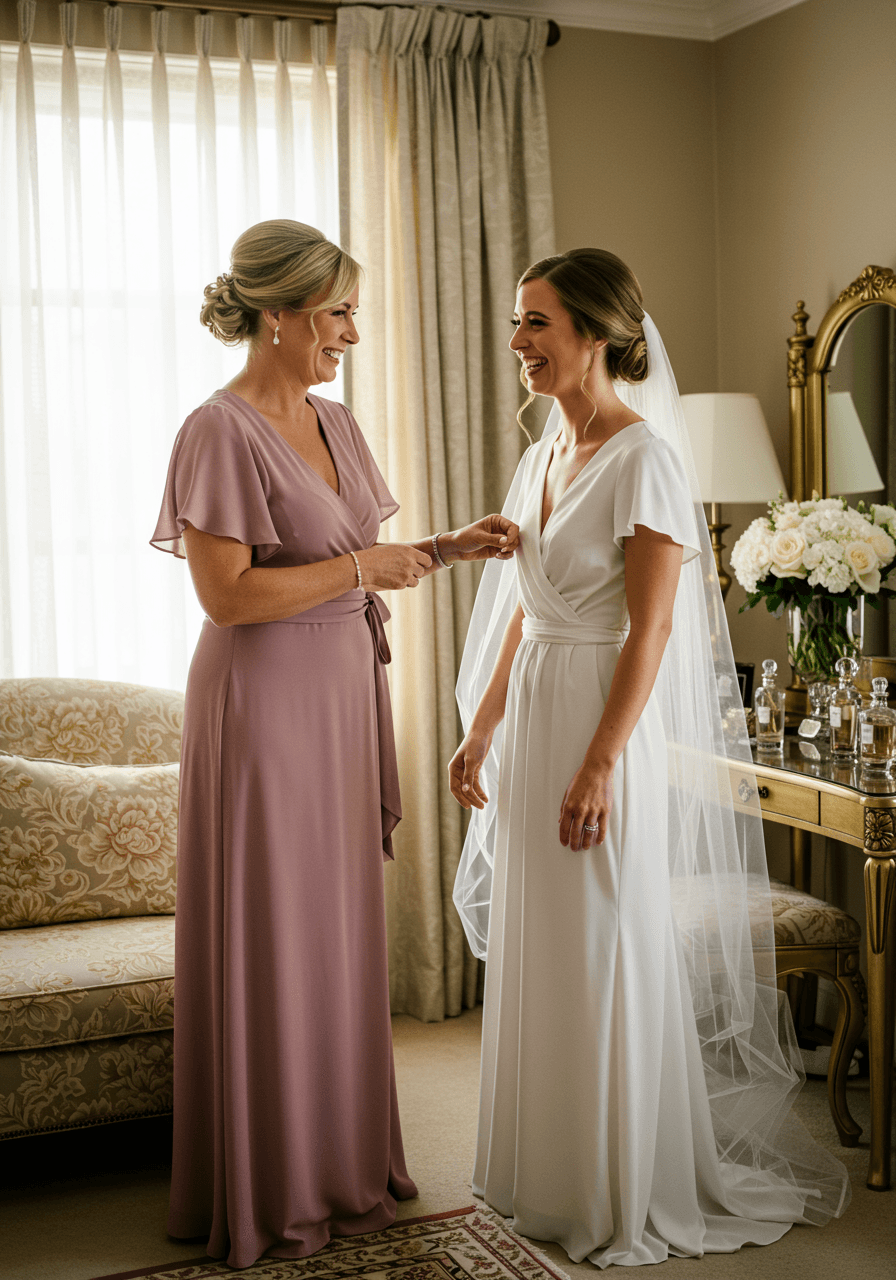 Mother in dusty rose wrap dress with flutter sleeves helping arrange bride's veil in golden light