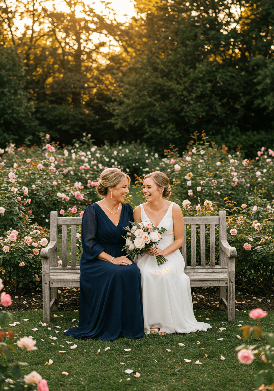 Wide view of mother and bride in garden setting surrounded by blooming white roses