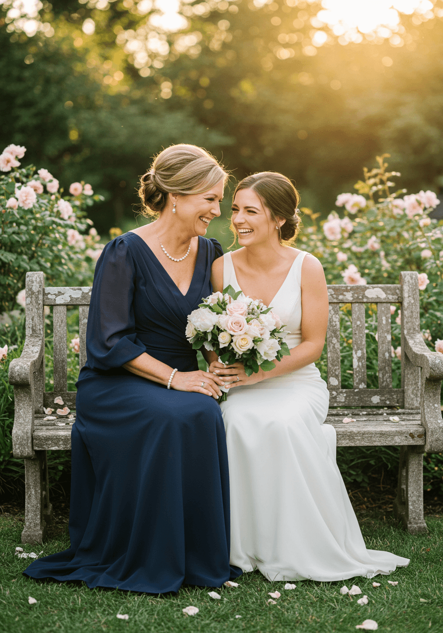 Mother and daughter sharing joyful laugh on garden bench, mother in navy bishop sleeve dress
