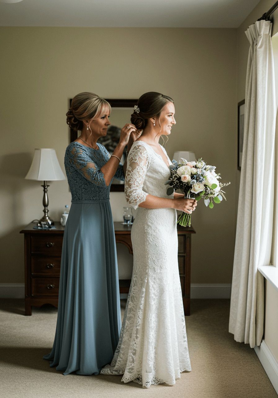 Intimate moment of mother in dusty blue A-line gown adjusting daughter's veil in bridal suite