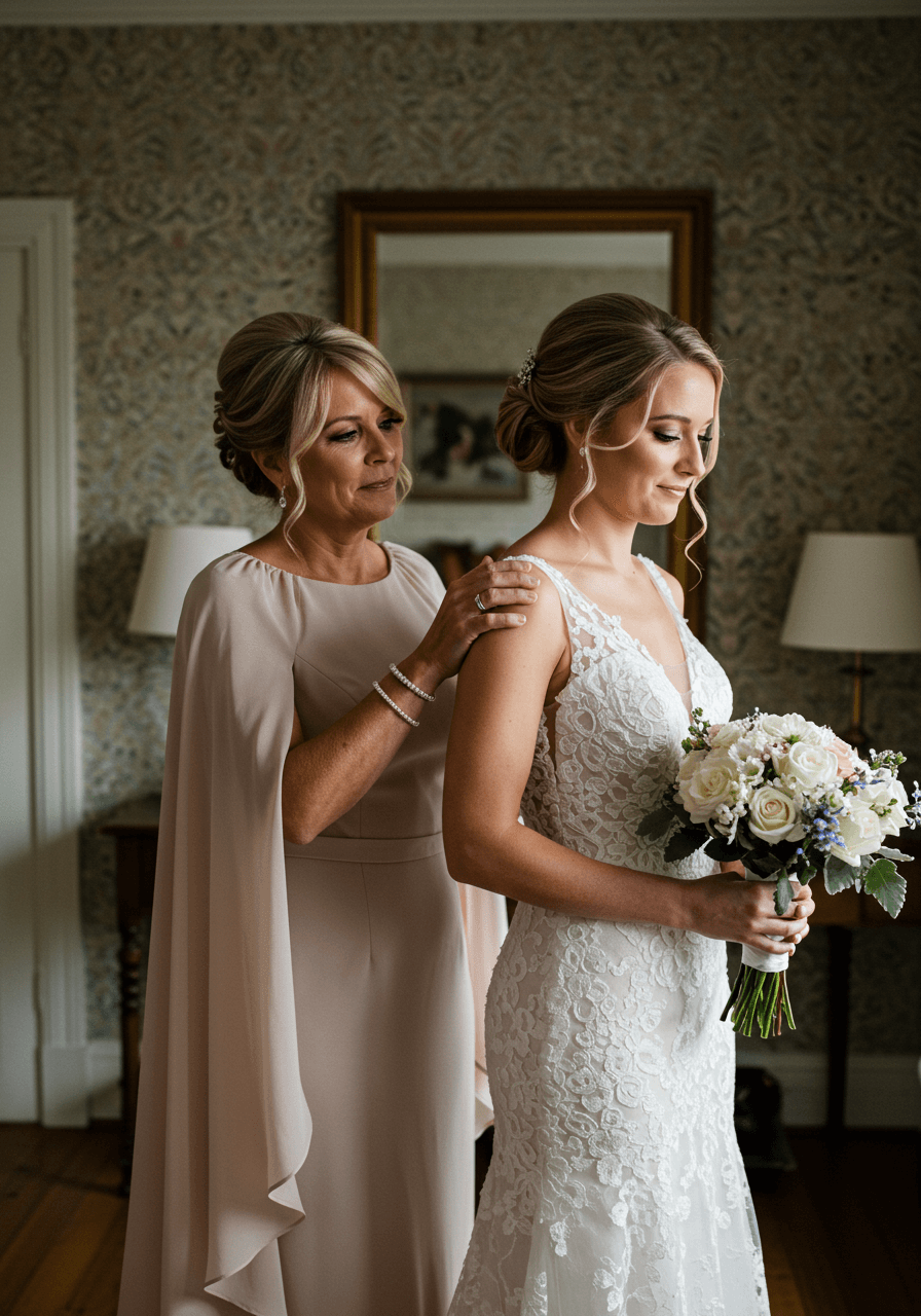 Close-up of mother's graceful touch on bride's shoulder, showcasing flowing cape sleeve detail