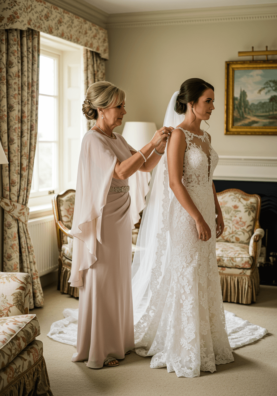 Mother and bride sharing tender moment in bridal suite, mother wearing sophisticated cape-sleeve dress