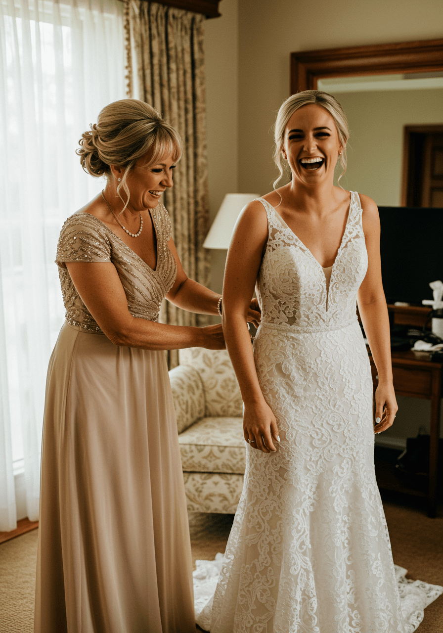 Mother and bride sharing laughter during dress adjustments, mother in flowing champagne V-neck dress