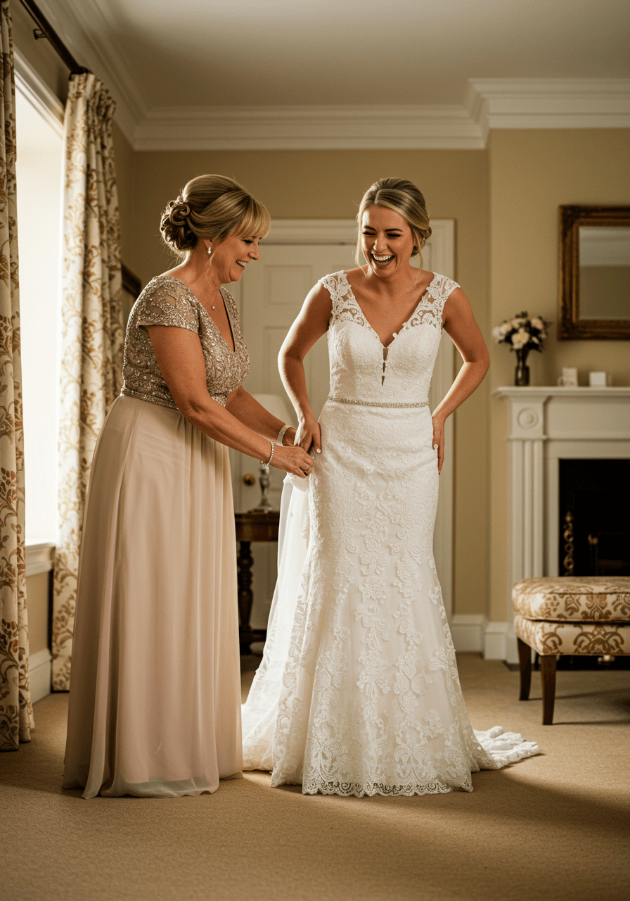 Full room view of mother in champagne V-neck dress during intimate wedding preparation moment