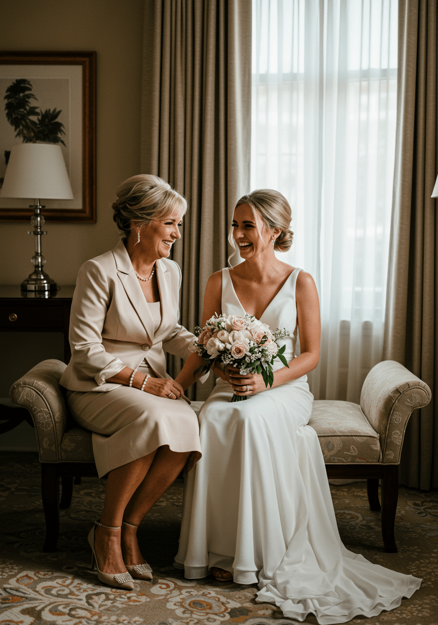 Mother and bride sharing joyful laugh on velvet bench, mother wearing champagne blazer and midi skirt
