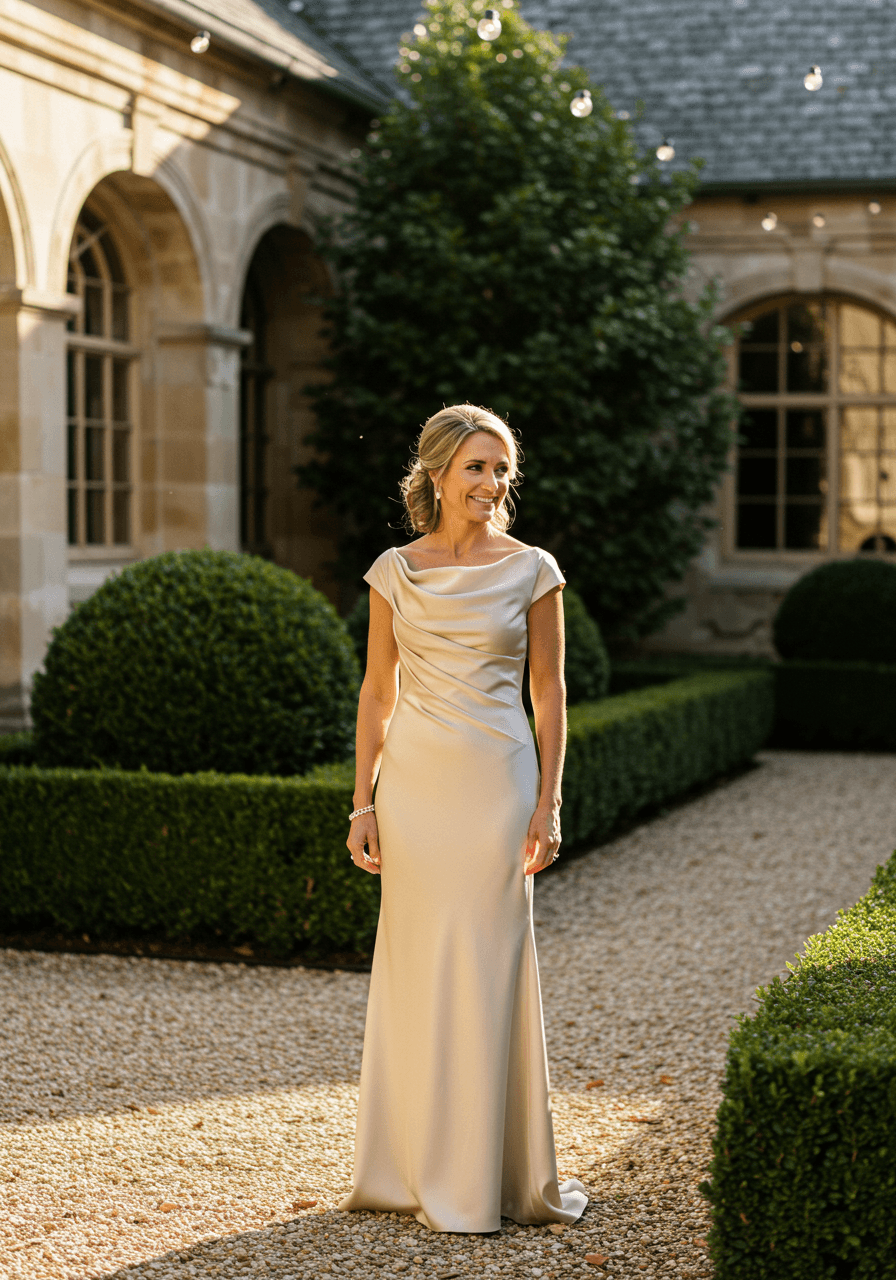 Mother of the bride in champagne satin column dress standing gracefully in elegant garden courtyard