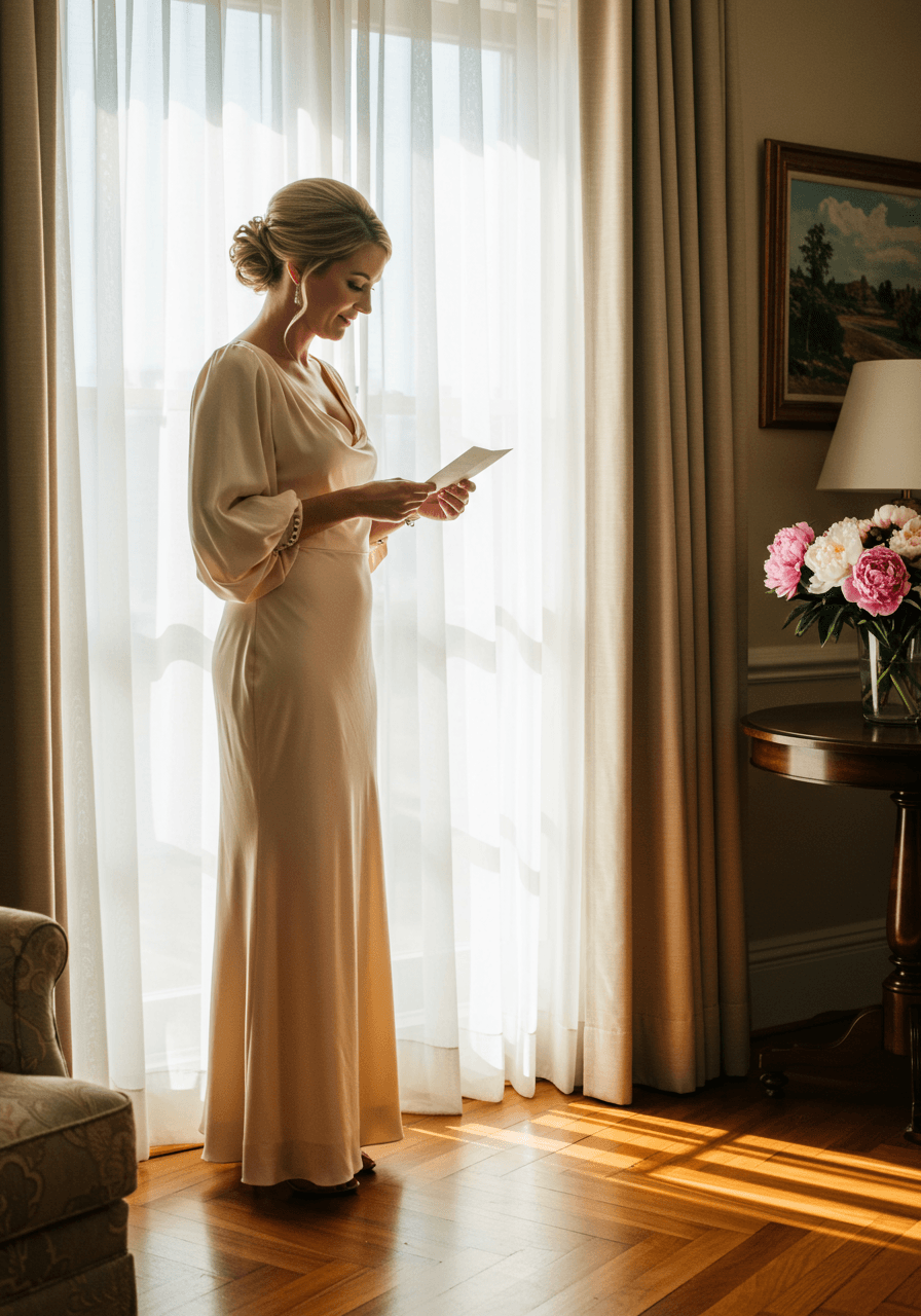 Mother of the bride in champagne bishop sleeve dress reading handwritten note by hotel suite windows