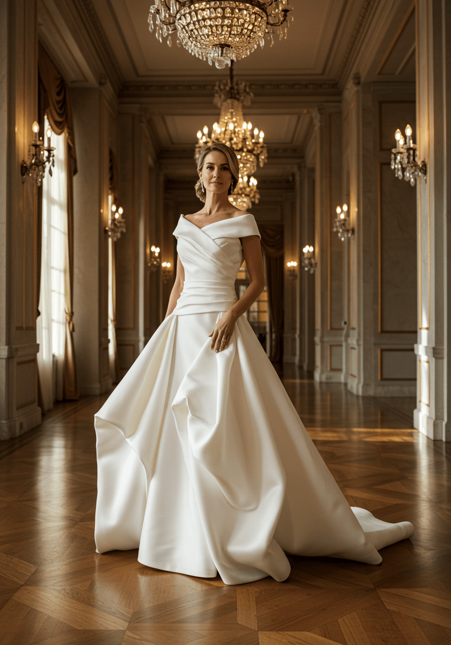 Mother of the bride in ivory mikado gown with dramatic geometric pleating in sophisticated ballroom