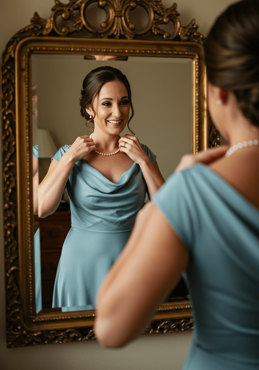 Mother of the bride in dusty blue cowl-neck midi dress adjusting pearls in ornate vintage mirror