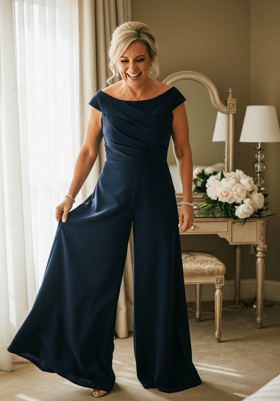 Close-up of mother in fitted navy jumpsuit with flowing palazzo pants in elegant room