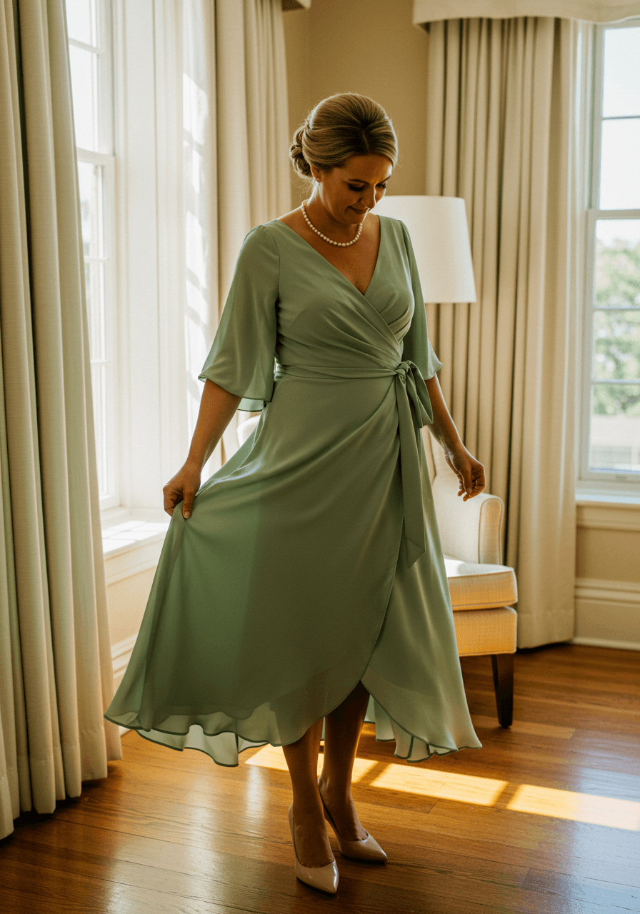Mother of the bride in sage green wrap dress with flowing sleeves standing by hotel window