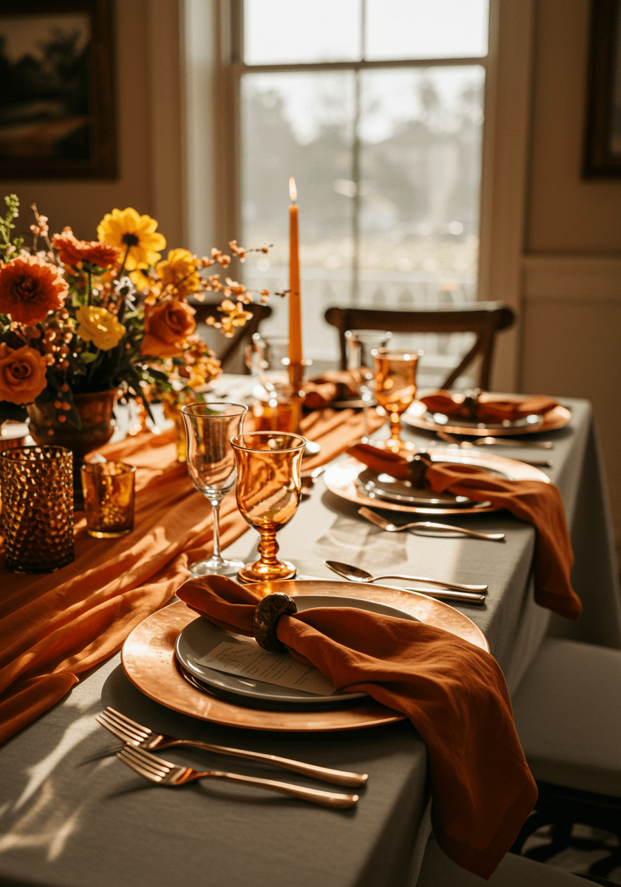 Elegant tablescape with copper chargers and burnt orange linen napkins in sophisticated dining room