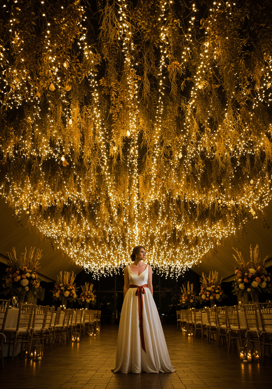 Bride in ivory gown standing beneath magical ceiling of twinkling lights and dried ruscus branches