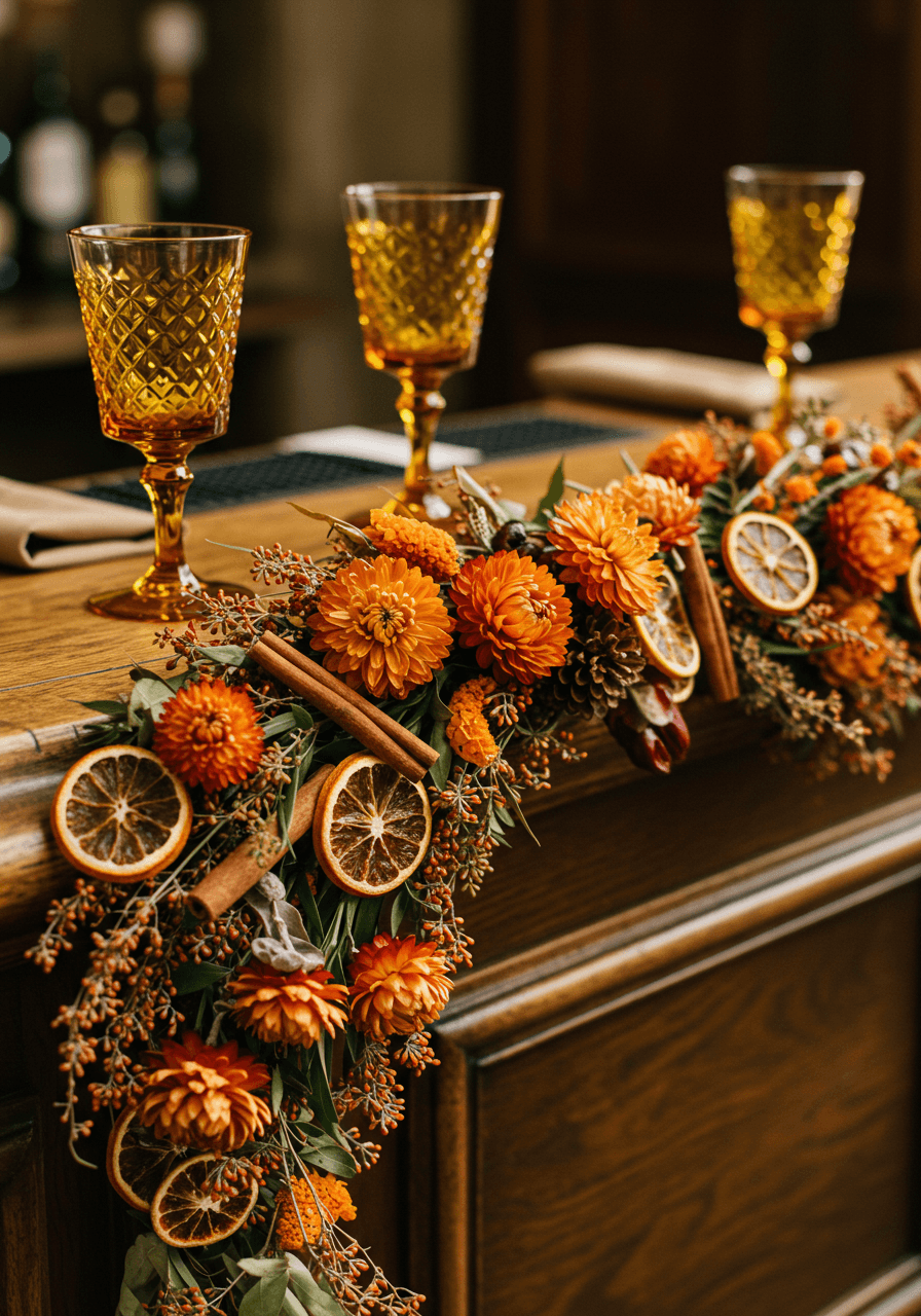 Ornate bar top with elaborate garland of dried burnt orange flowers and dehydrated citrus wheels