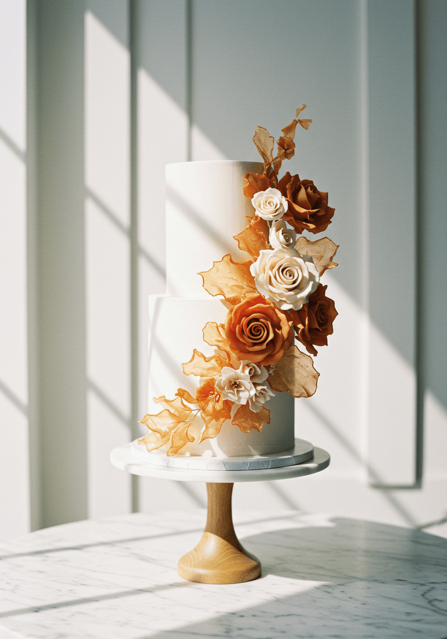 Minimalist two-tier wedding cake with cascading sugar flowers in burnt orange on marble pedestal