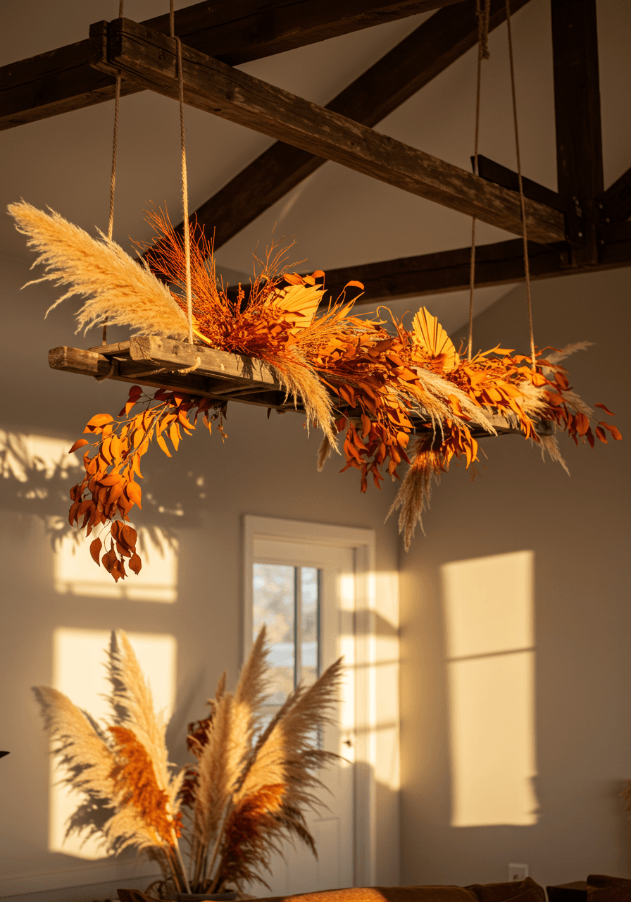 Rustic wooden ladder suspended horizontally with dried orange foliage in bohemian living room