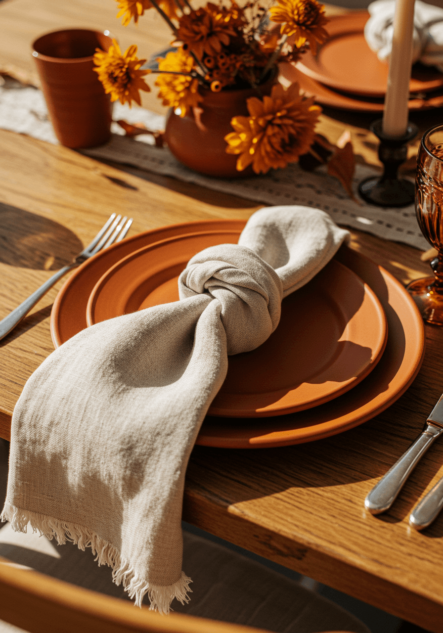 Terracotta dinner plate with artfully knotted cream linen napkin on rustic wooden table