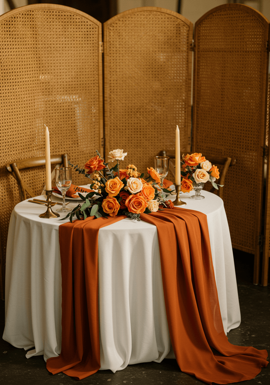 Intimate sweetheart table setting positioned against elegant natural rattan folding screen backdrop