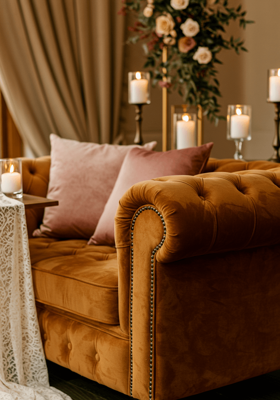 Burnt orange velvet Chesterfield sofa with button tufting in intimate wedding lounge with candles