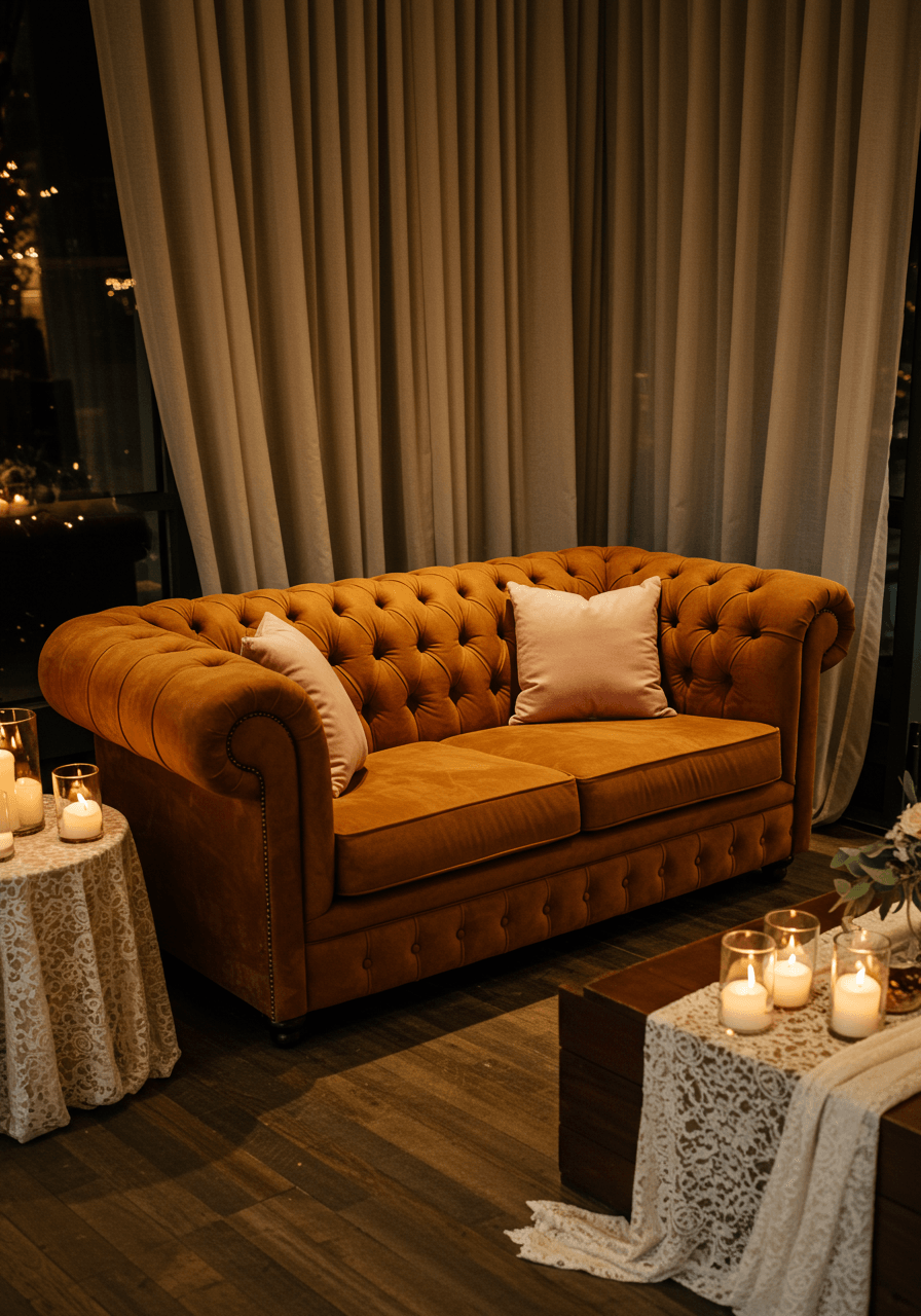Luxurious tufted velvet sofa in rich burnt orange with elegant drapery and ambient lighting