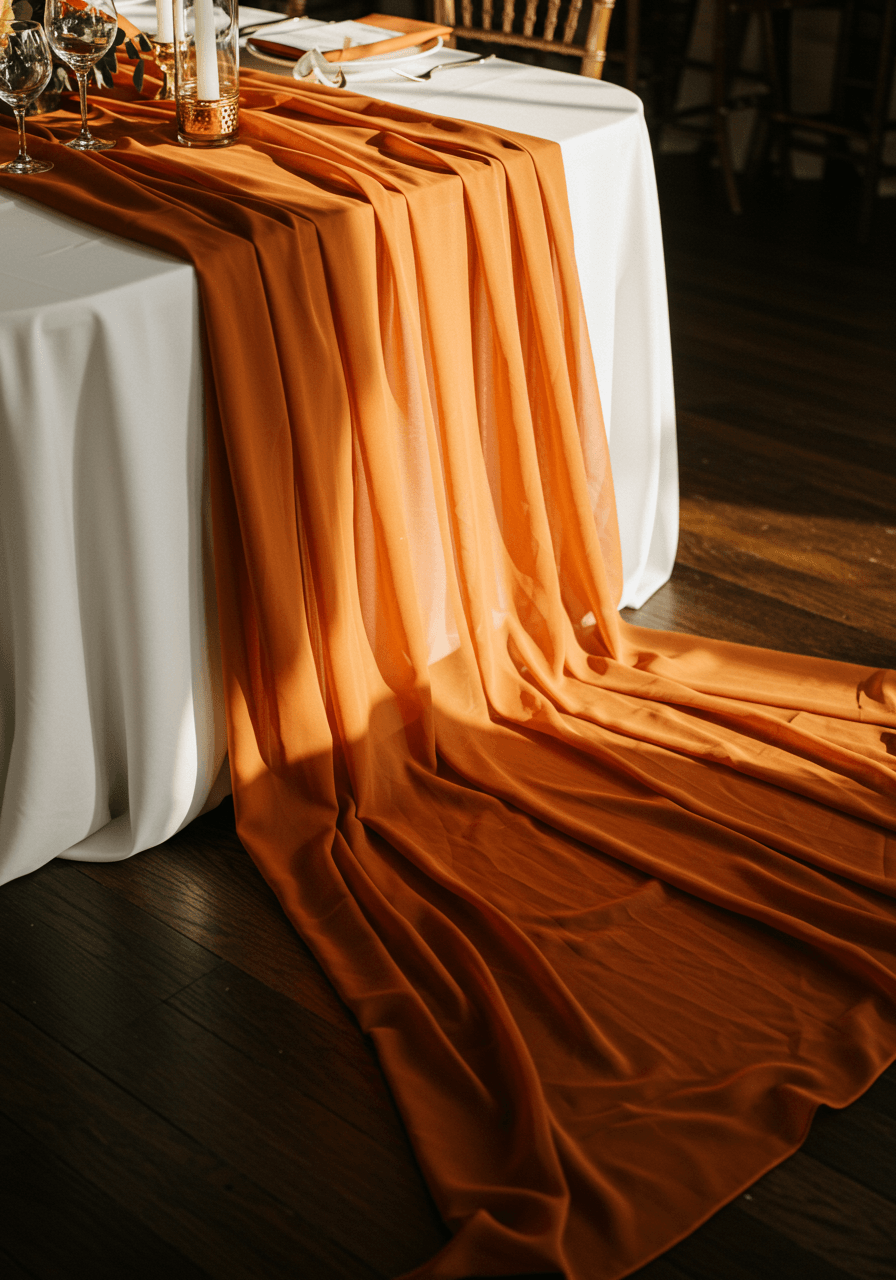 Long dining table with flowing terracotta fabric runner pooling gracefully on hardwood floor