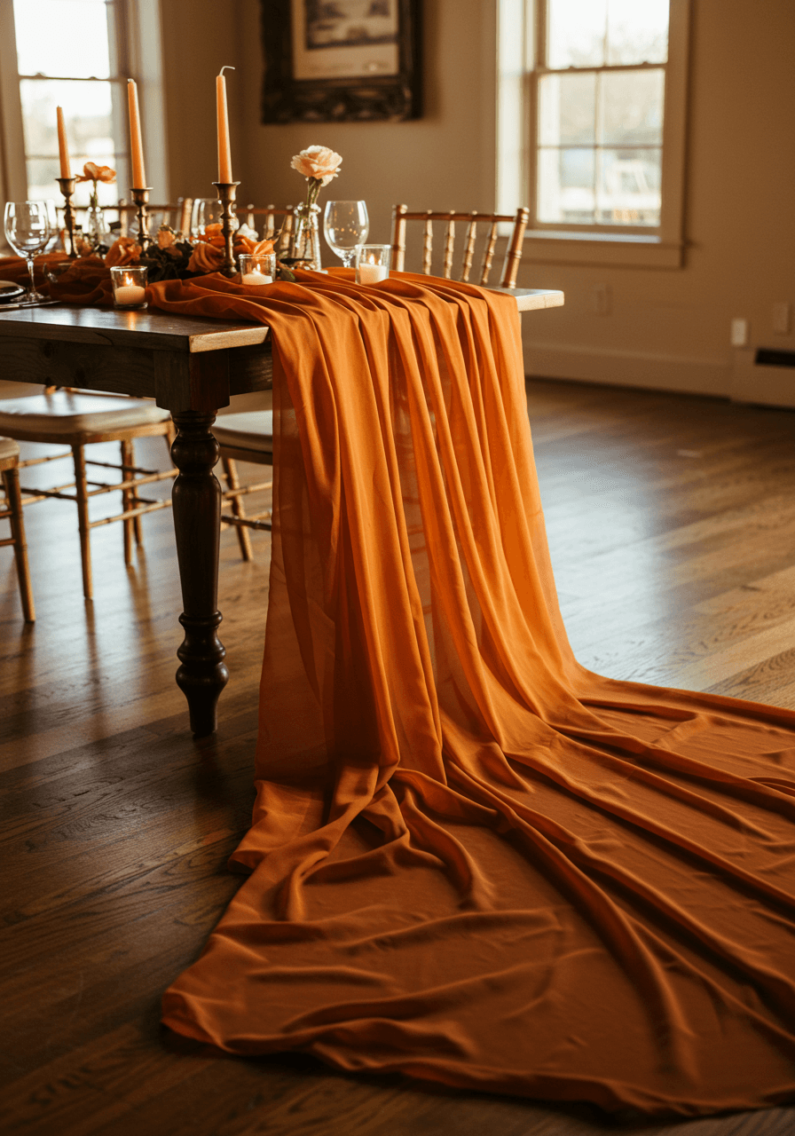 Gauzy burnt orange table runner flowing dramatically onto floor in elegant reception venue