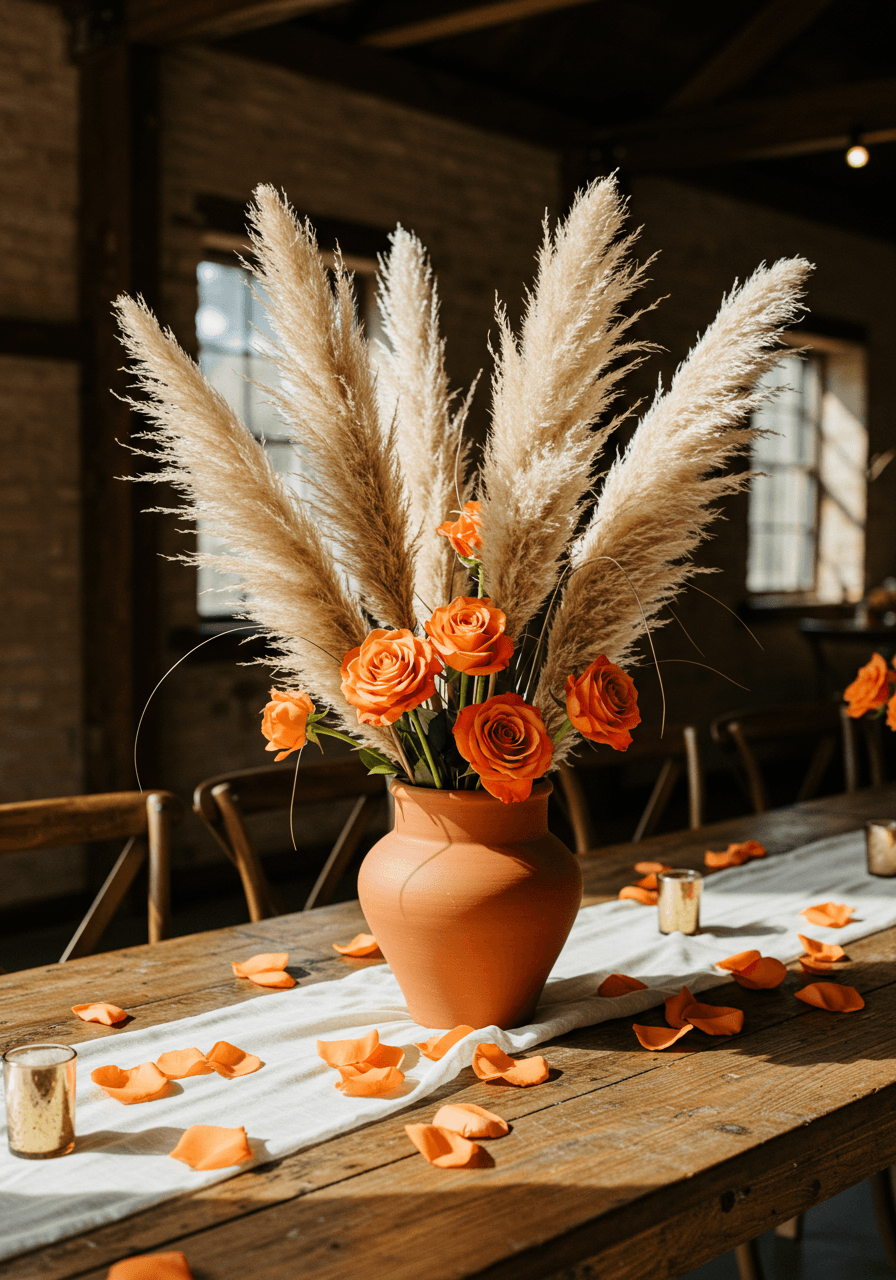 Terracotta ceramic vessel filled with pampas grass and burnt orange roses on rustic dining table
