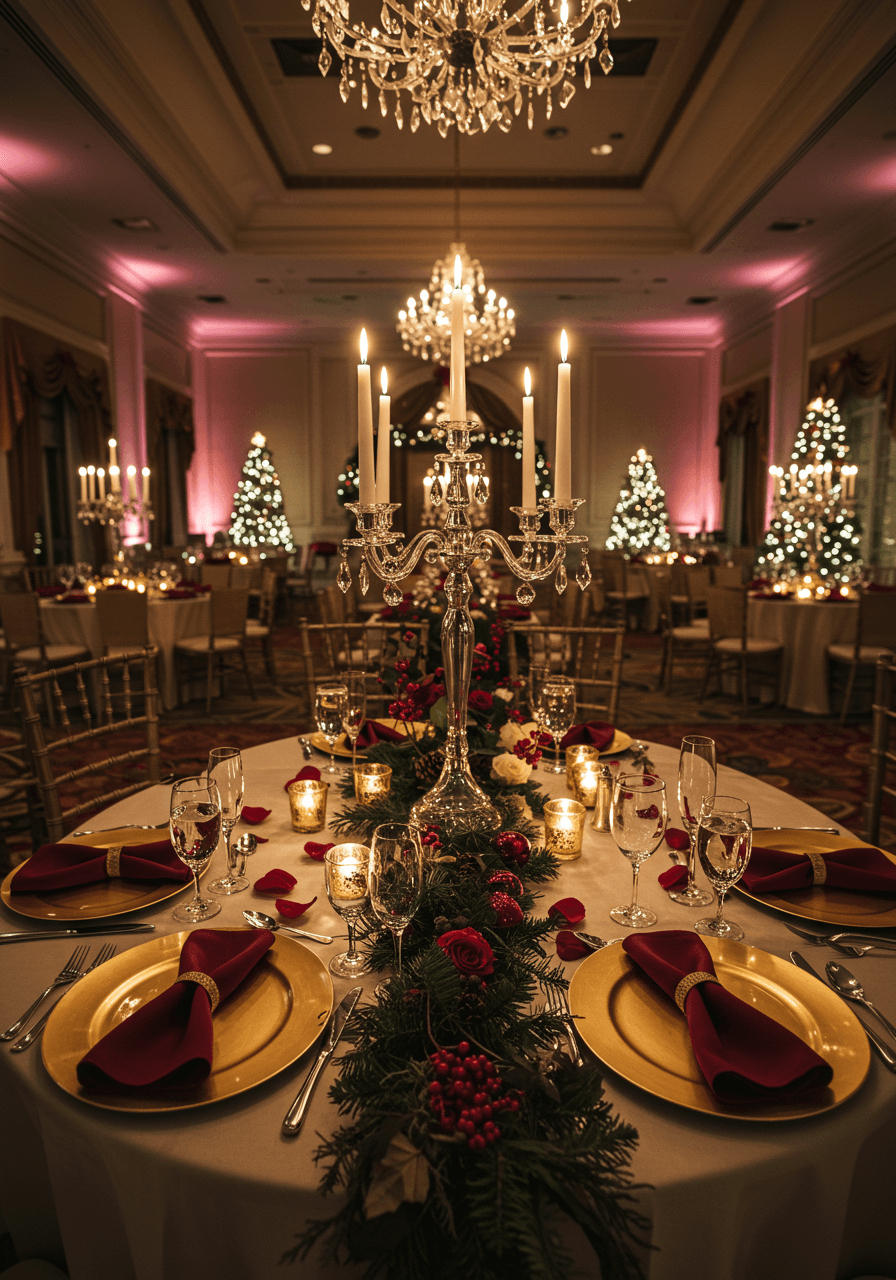 Christmas ballroom table setting with elaborate candle arrangements and burgundy accents