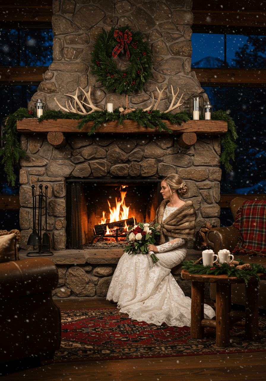 Bride in lace wedding dress with fur stole sitting by stone fireplace in mountain cabin during twilight with snow falling outside