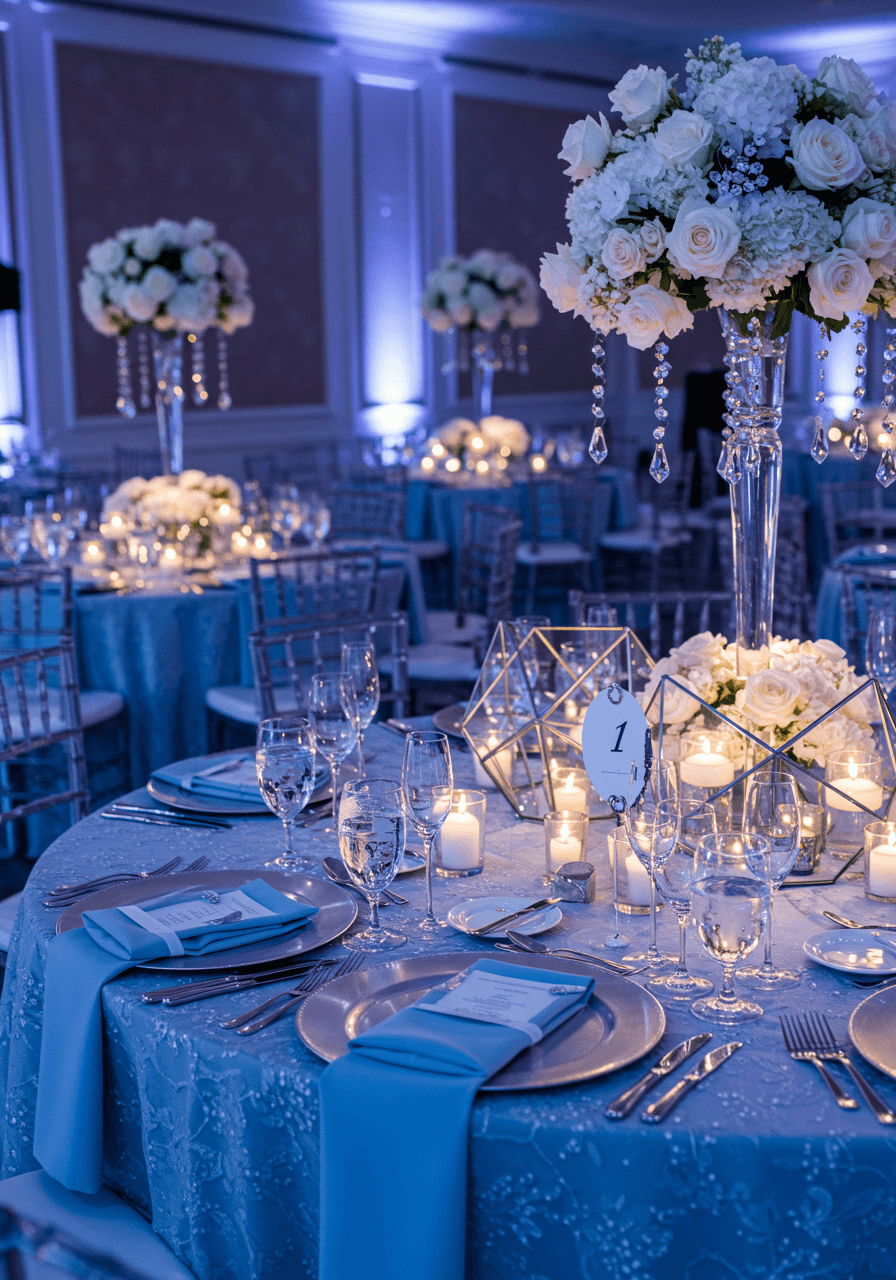 Close-up of powder blue napkins and geometric crystal decorations on silver charger plates in glamorous ballroom