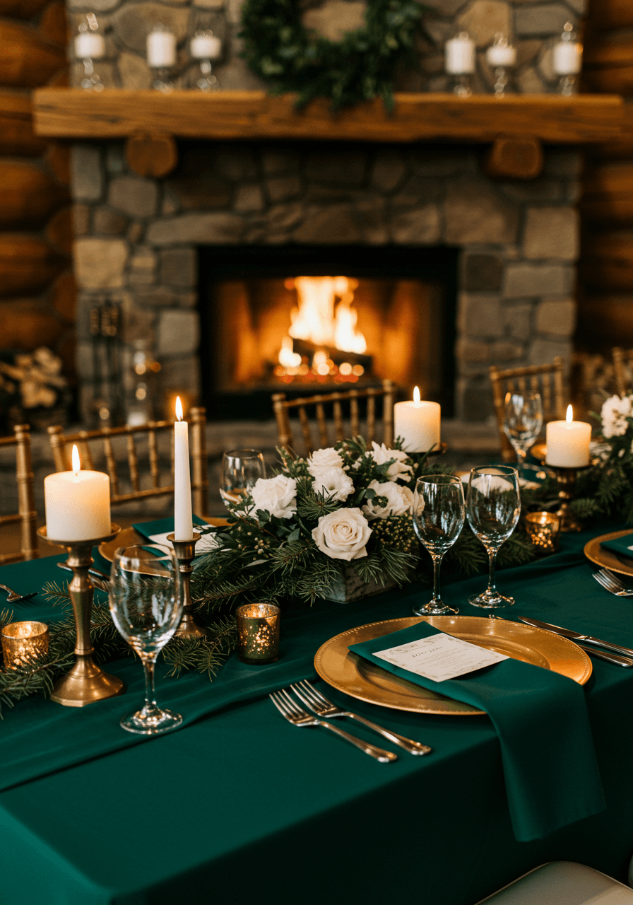 Elegant wedding reception table with emerald green velvet linens, gold accents, and white florals in rustic winter lodge with fireplace glow