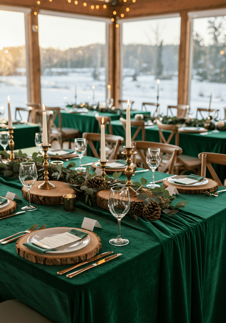 Close-up of forest green velvet table setting with brass candlesticks and eucalyptus garlands by large windows