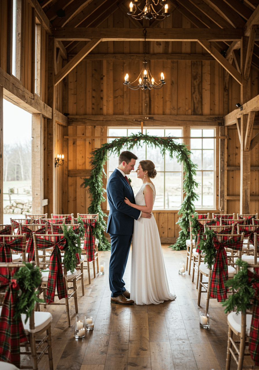 Couple embracing near plaid-decorated ceremony chairs in rustic barn venue with exposed wooden beams during late afternoon