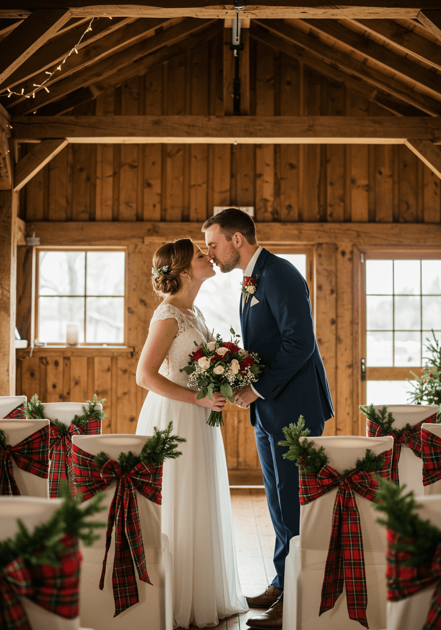 Bride and groom kissing in barn decorated with red and green tartan patterns and pine garland accents
