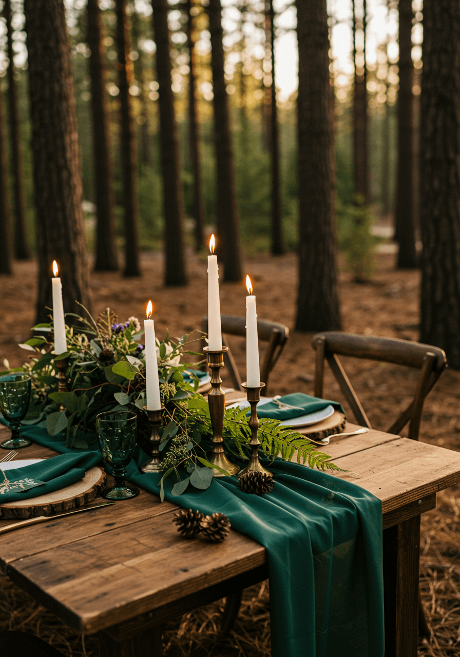 Rustic wooden wedding table set among tall pine trees in forest grove during golden hour winter evening