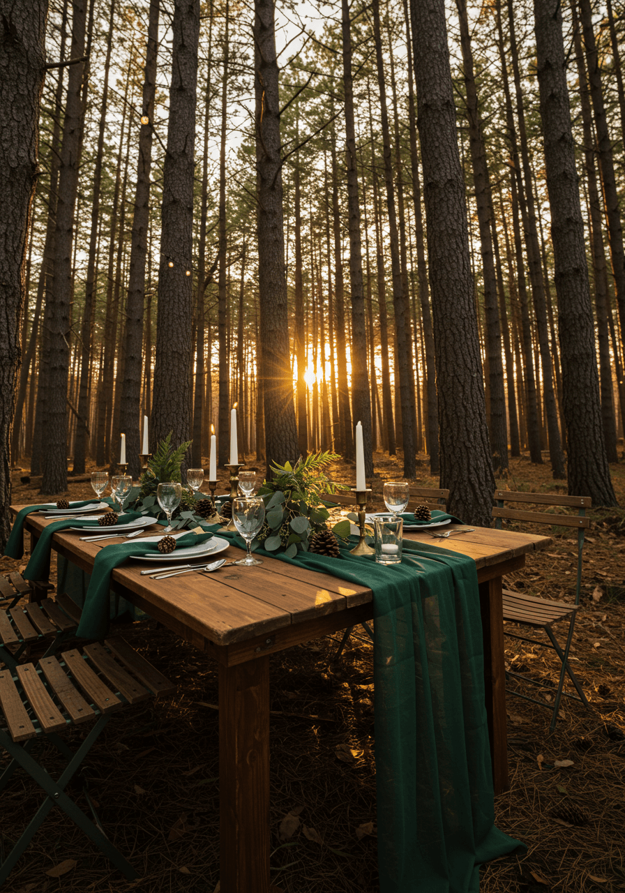 Intimate forest dining table with green linens and natural elements surrounded by towering evergreen trees