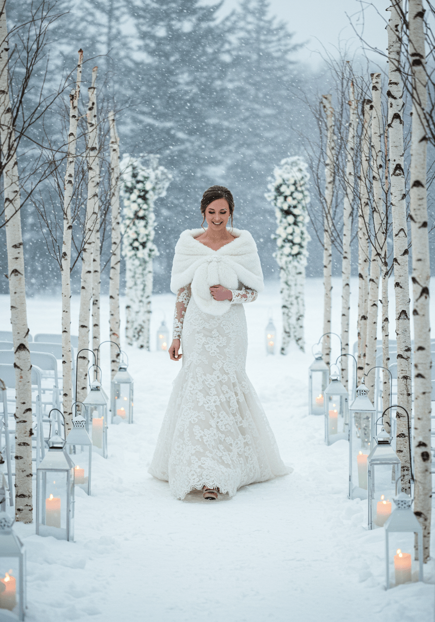 Bride in lace wedding dress with fur stole walking down snow-dusted aisle lined with white birch trees and glass hurricane lanterns during winter ceremony