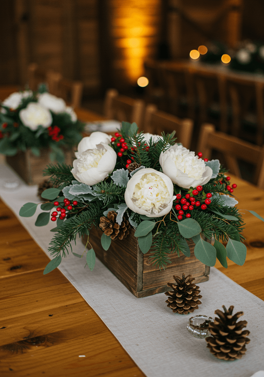 Close-up of wooden box floral arrangement with white winter flowers and natural elements on linen-covered rustic table