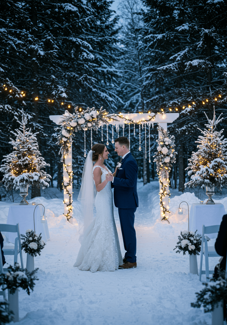 Bride and groom sharing romantic first dance surrounded by snow-covered evergreen trees with twinkling fairy lights during magical winter twilight
