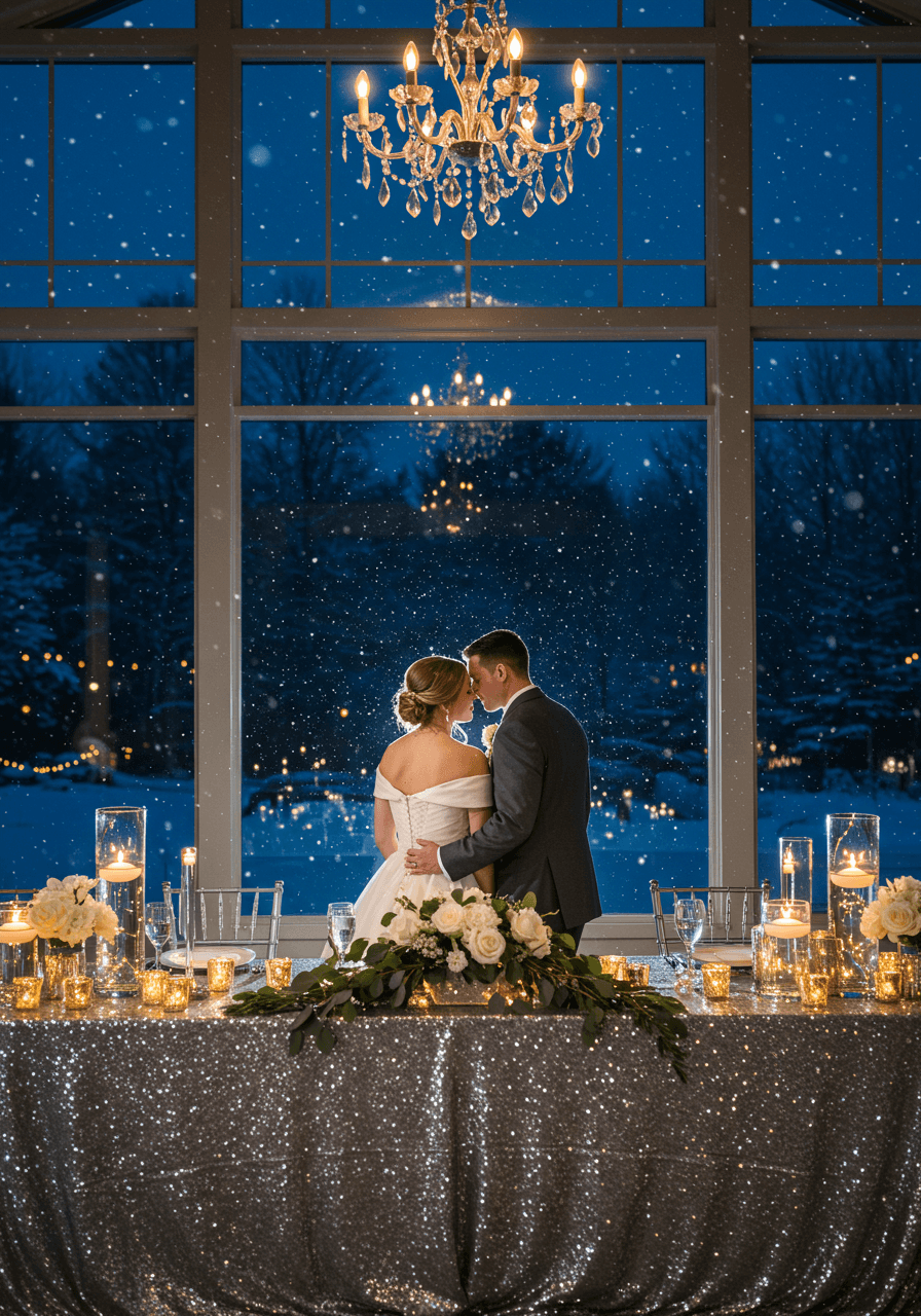 Intimate couple moment at shimmering silver winter reception table with white flowers and twinkling lights