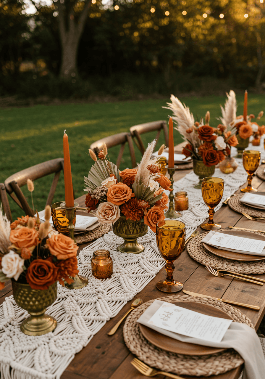 Wide ground-level view of bohemian garden tablescape with cinnamon roses, pampas grass and layered warm-toned elements