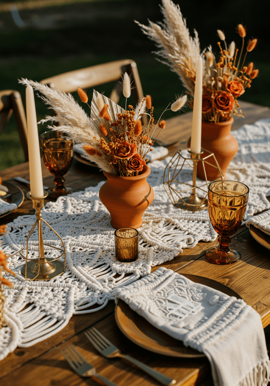 Overhead detail of bohemian tablescape with macrame runners, brass geometric holders and cinnamon-toned dried florals