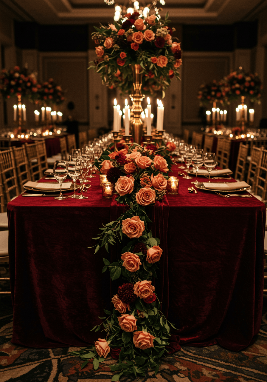 Wide angle of elegant tablescape with deep burgundy velvet runners, cinnamon rose centerpieces and crystal glassware